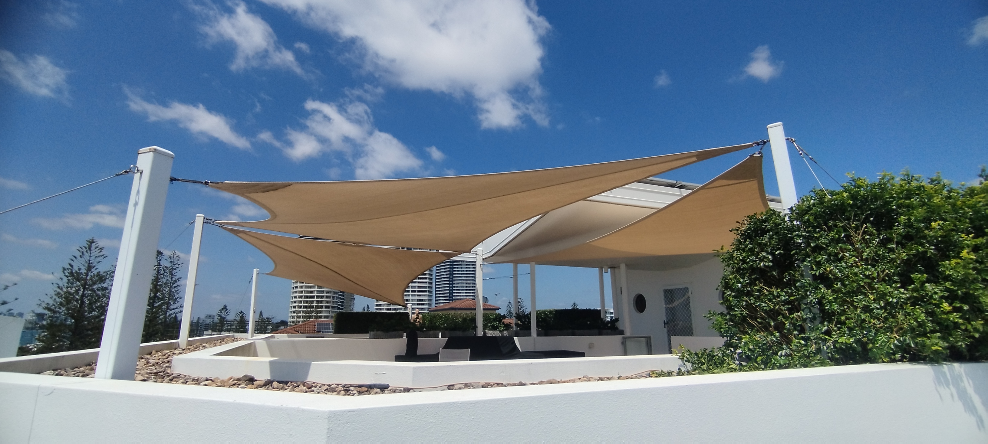 Hero background of shade sails providing cover